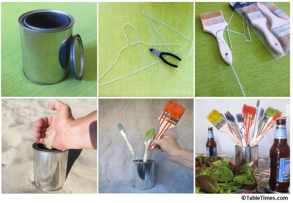 Peel the label off an old paint can, weight it with sand, attach wires to some cheap paint brushes and there you have it!