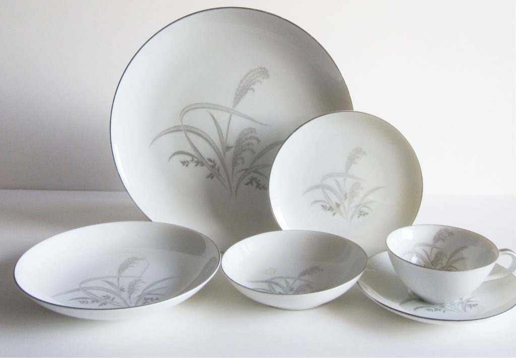 The Author's Mother's set from 1956. Wentworth China, Silver Wheat pattern, Eterne shape. Made in Japan.